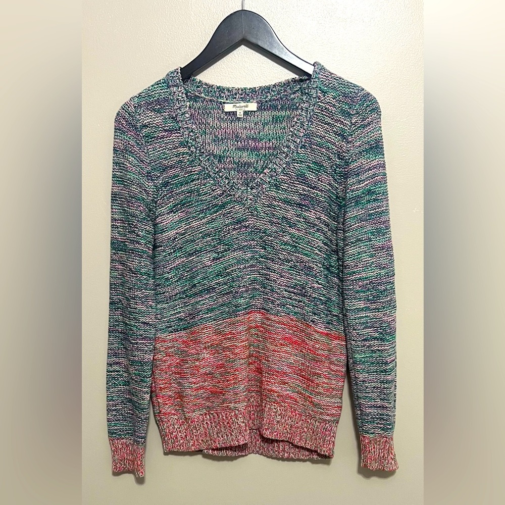 MADEWELL "Spectrum" Color Block Pullover Knit V-Neck Cotton Sweater Women's Med
